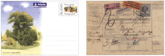 Маркированная открытка с Аландских островов с авиационной наклейкой «приорити»