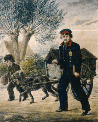 Почтовая тележка, запряжённая одной собакой