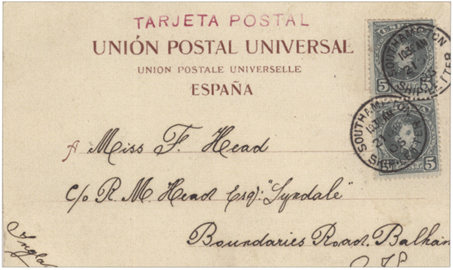 Открытка отправленная из Испании в Лондон с испанскими марками